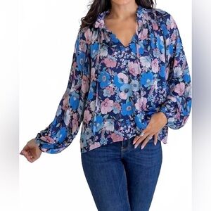 Karlie Blue and Pink Floral Blouse with tassels size M